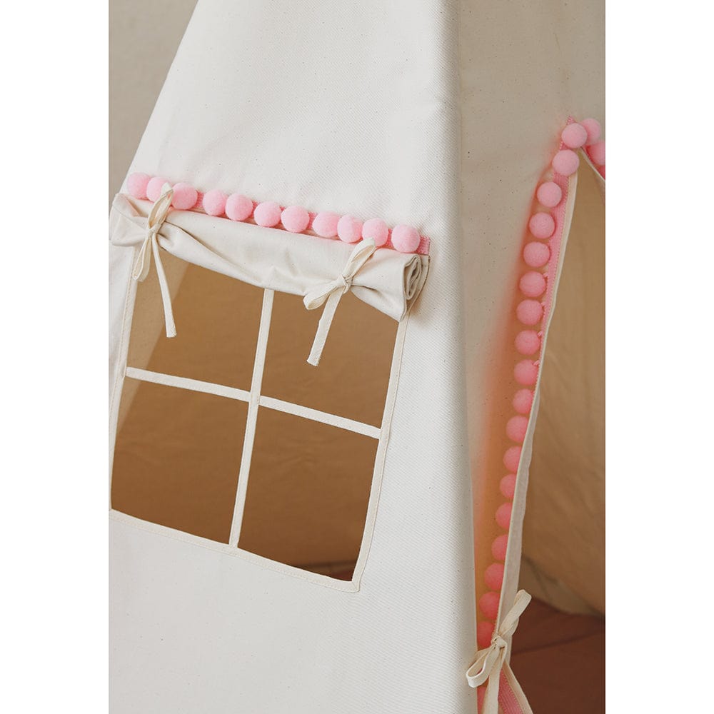 Fluffy Pompoms Teepee Tent With Pompoms - Beige, Pink - Stylemykid.com