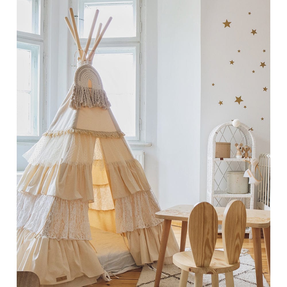 Shabby Chic Teepee With Frills And Linen Leaf Mat White - Beige, White - Stylemykid.com