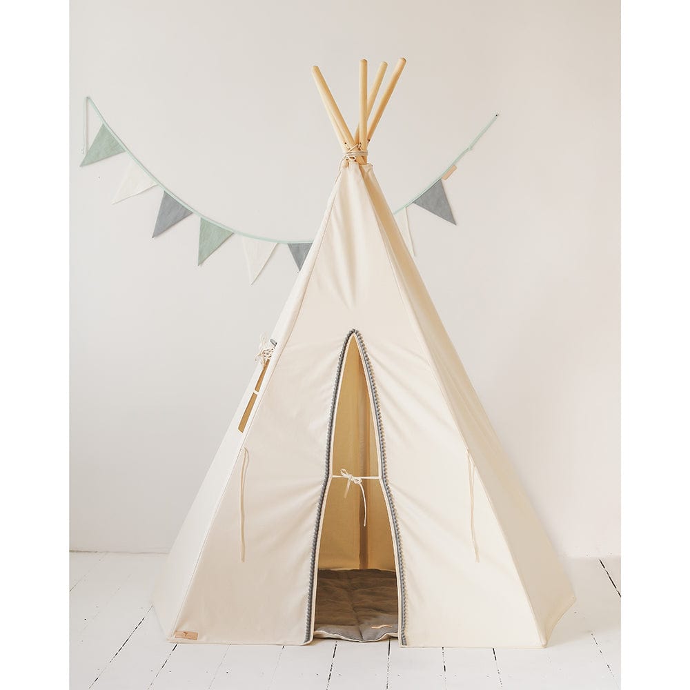 Grey Pompoms Teepee And Mat Set - Beige, Grey - Stylemykid.com