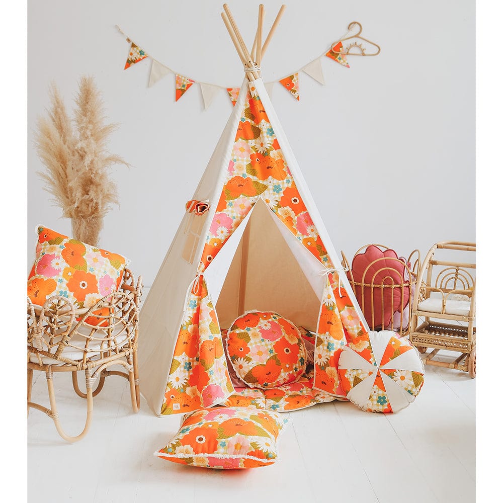 Picnic With Flowers Teepee Tent - Beige, Orange, Green - Stylemykid.com