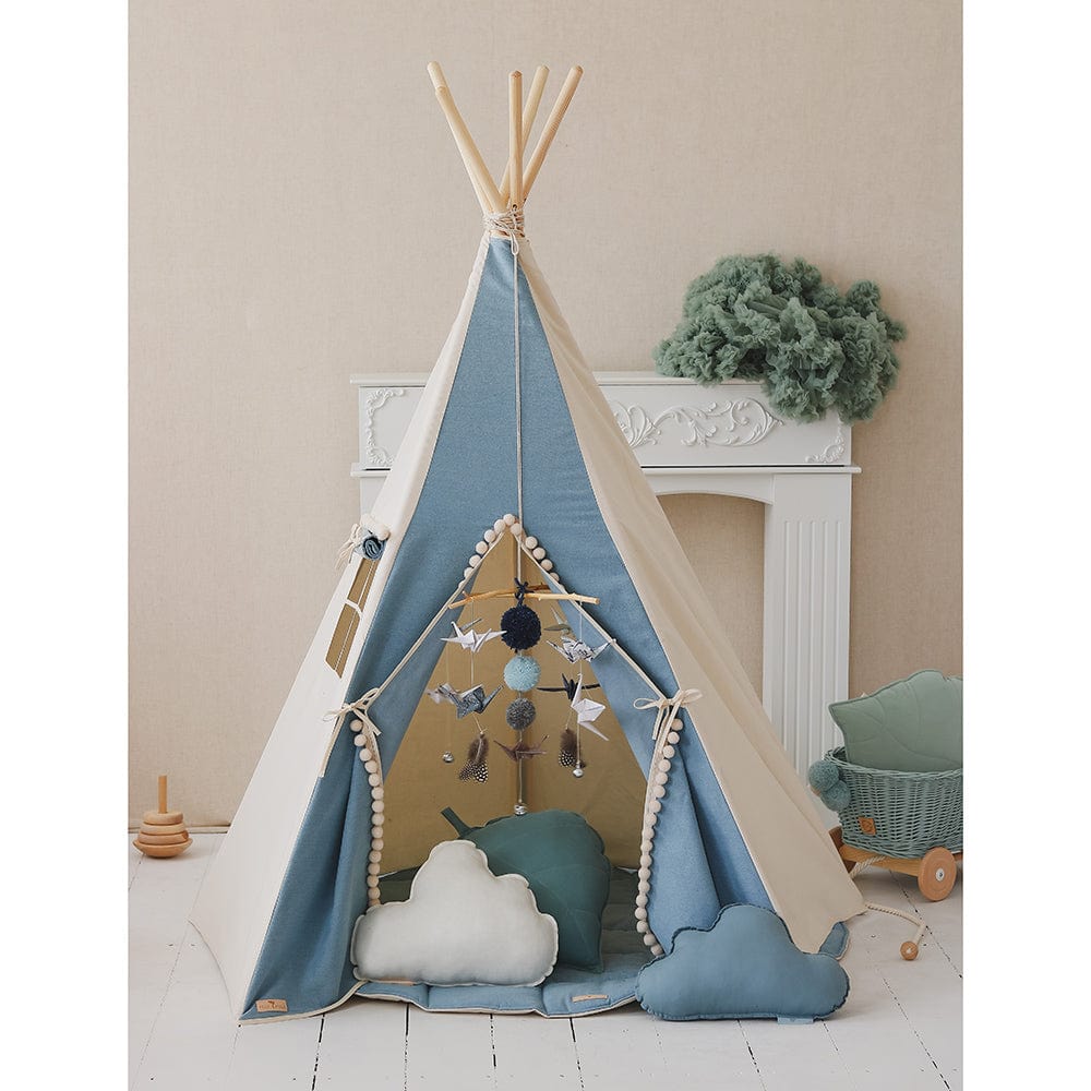 Jeans Teepee Tent With Pompoms - Blue - Stylemykid.com