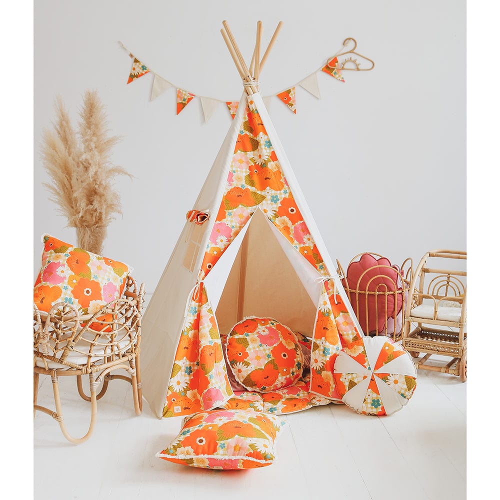 Picnic With Flowers Teepee Tent And Mat Set - Beige, Orange, Green - Stylemykid.com