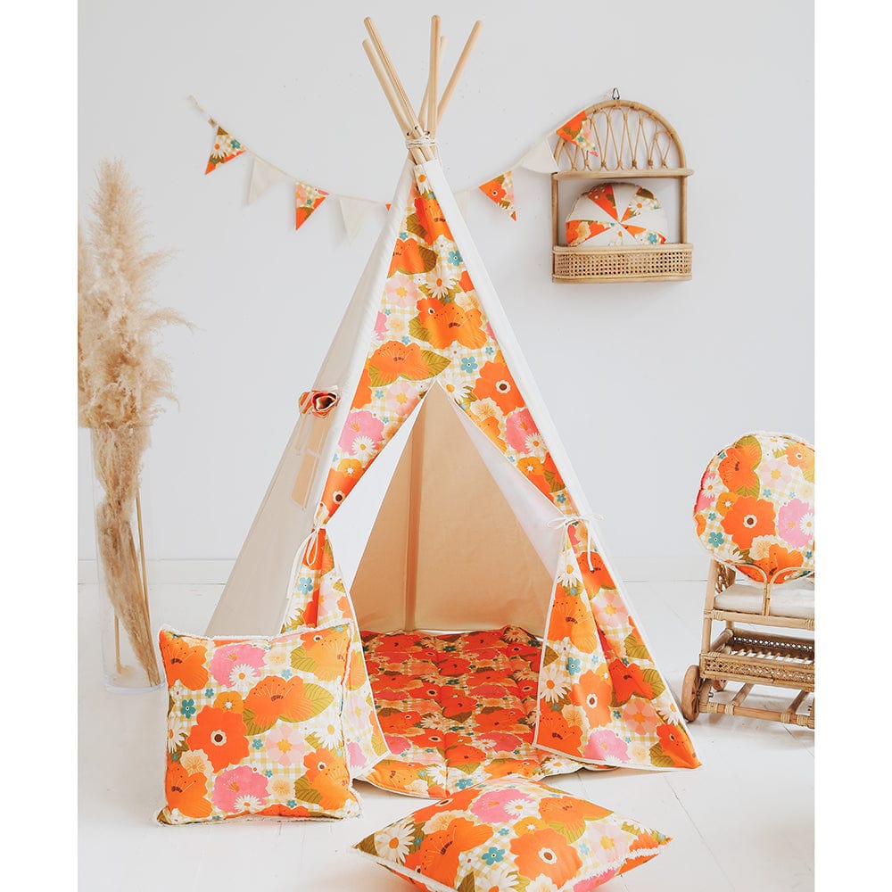 Picnic With Flowers Teepee Tent And Mat Set - Beige, Orange, Green - Stylemykid.com