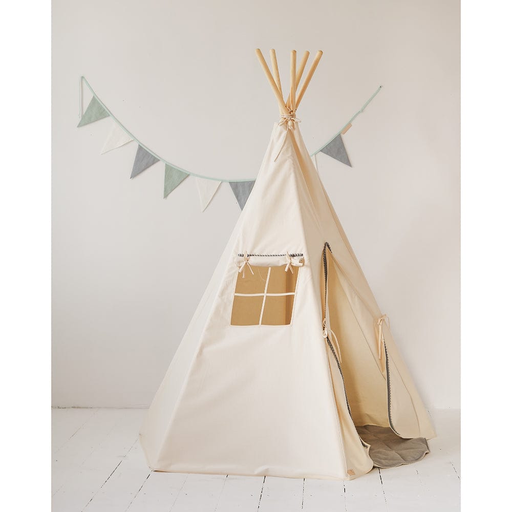 Grey Pompoms Teepee And Mat Set - Beige, Grey - Stylemykid.com