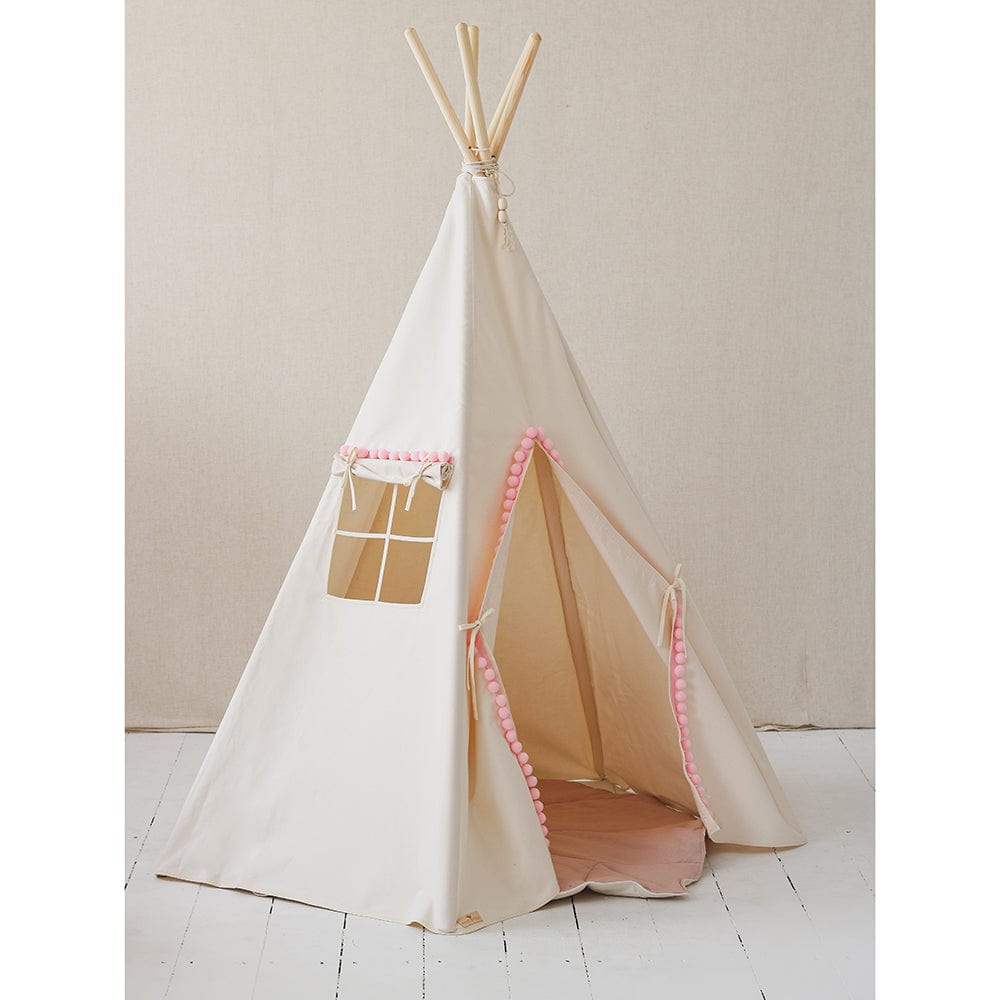 Fluffy Pompoms Teepee Tent With Pompoms - Beige, Pink - Stylemykid.com