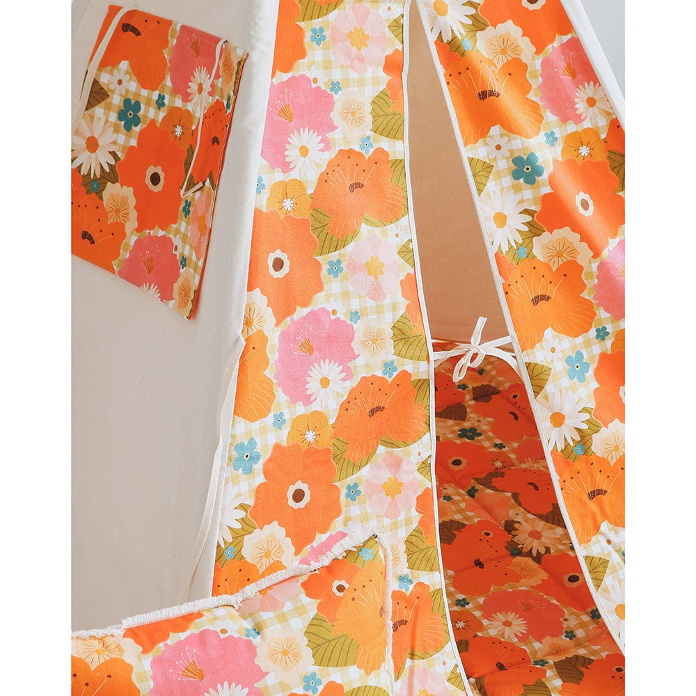 Picnic With Flowers Teepee Tent And Mat Set - Beige, Orange, Green - Stylemykid.com